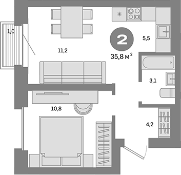 Планировка — Метроном, 1-комн., 35 м²