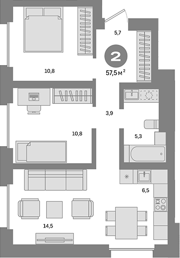 Планировка — Метроном, 2-комн., 58 м²