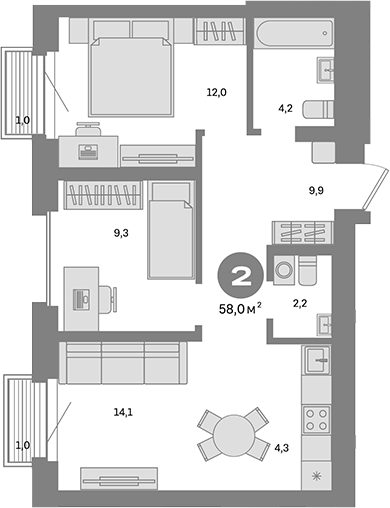 Планировка — Метроном, 2-комн., 56 м²