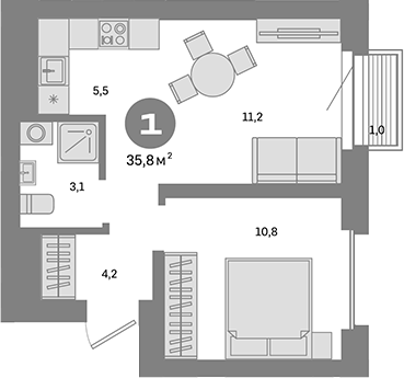 Планировка — Метроном, 1-комн., 35 м²