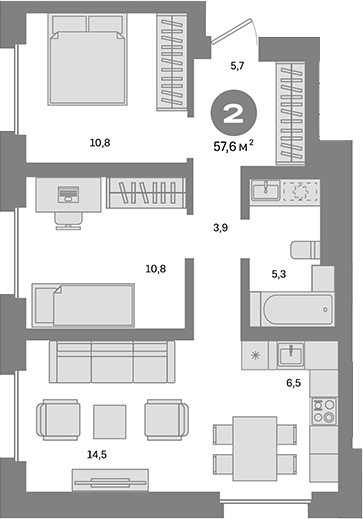 Планировка — Метроном, 2-комн., 58 м²