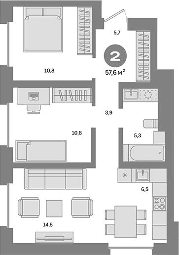 Планировка — Метроном, 2-комн., 58 м²