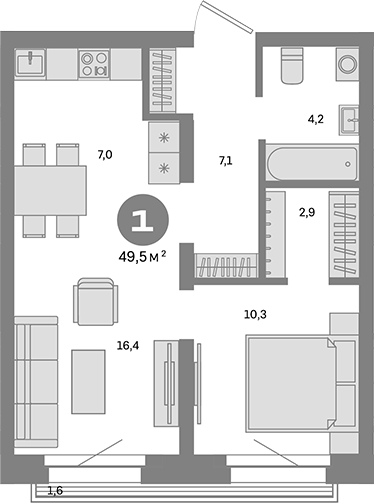 Планировка — Метроном, 1-комн., 48 м²