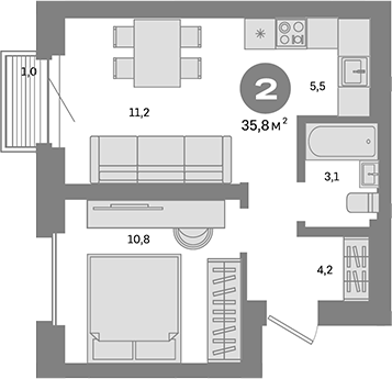Планировка — Метроном, 1-комн., 35 м²