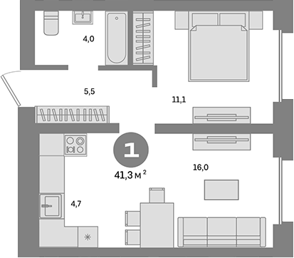 Планировка — Метроном, 1-комн., 41 м²