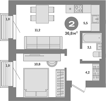 Планировка — Метроном, 1-комн., 35 м²