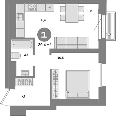 Планировка — Метроном, 1-комн., 38 м²