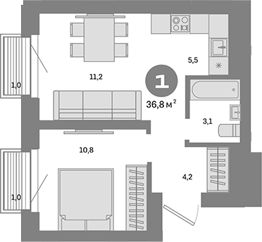 Планировка — Метроном, 1-комн., 35 м²