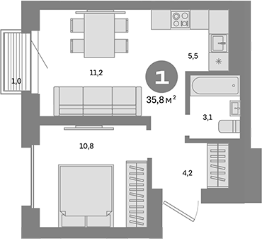 Планировка — Метроном, 1-комн., 35 м²