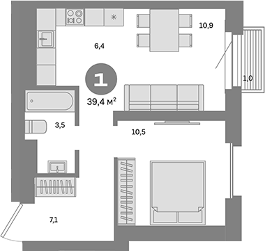 Планировка — Метроном, 1-комн., 38 м²