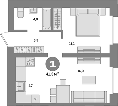 Планировка — Метроном, 1-комн., 41 м²
