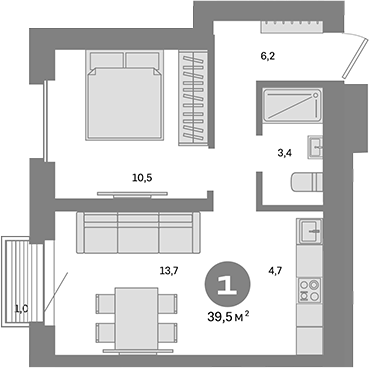 Планировка — Метроном, 1-комн., 39 м²