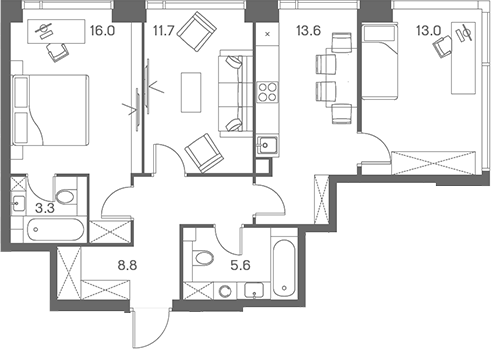 Планировка — ЛОТ от Аквилон, 3-комн., 72 м²