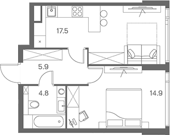 Планировка — ЛОТ от Аквилон, 2-комн., 43 м²
