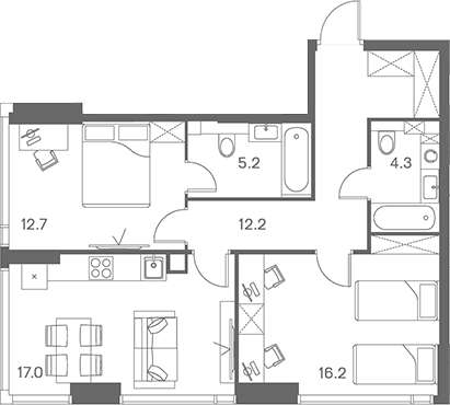 Планировка — ЛОТ от Аквилон, 3-комн., 68 м²