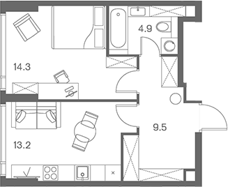 Планировка — ЛОТ от Аквилон, 1-комн., 42 м²