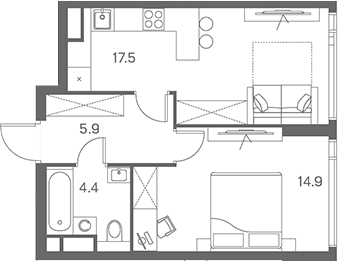 Планировка — ЛОТ от Аквилон, 2-комн., 43 м²