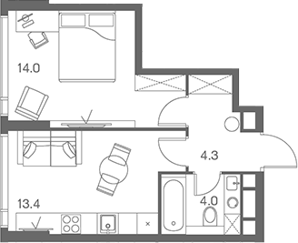 Планировка — ЛОТ от Аквилон, 1-комн., 36 м²