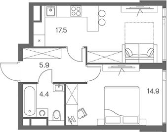 Планировка — ЛОТ от Аквилон, 2-комн., 43 м²
