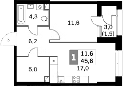 Планировка — Sky Garden, 2-комн., 44 м²