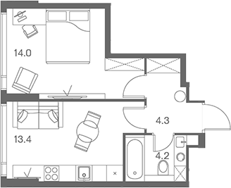 Планировка — ЛОТ от Аквилон, 1-комн., 36 м²