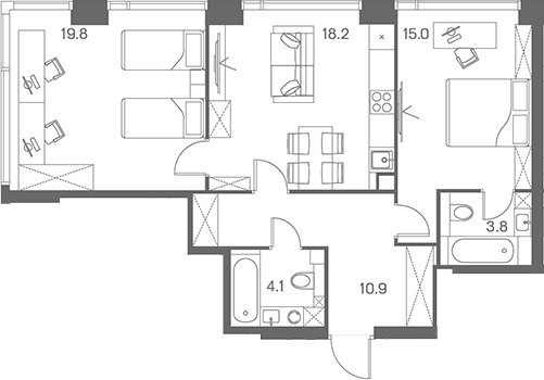 Планировка — ЛОТ от Аквилон, 3-комн., 72 м²