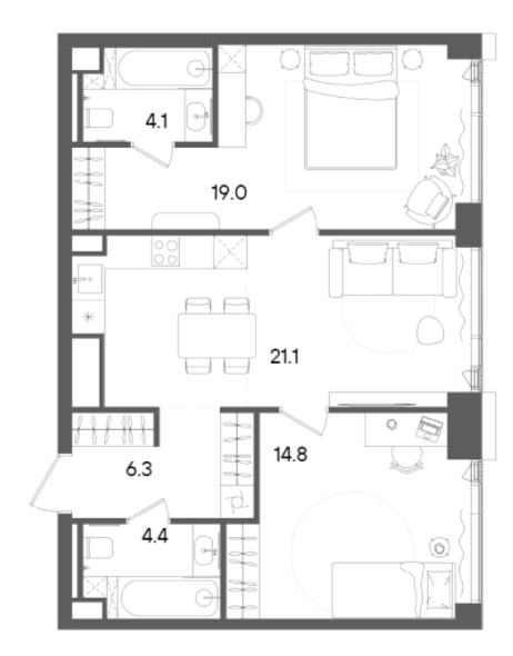 Планировка — СТОУН Грэйн, 3-комн., 70 м²