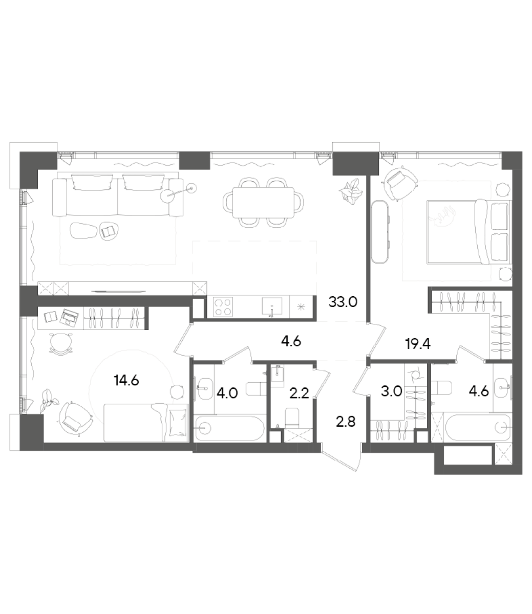 Планировка — СТОУН Грэйн, 3-комн., 88 м²