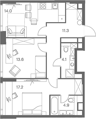 Планировка — ЛОТ от Аквилон, 2-комн., 65 м²