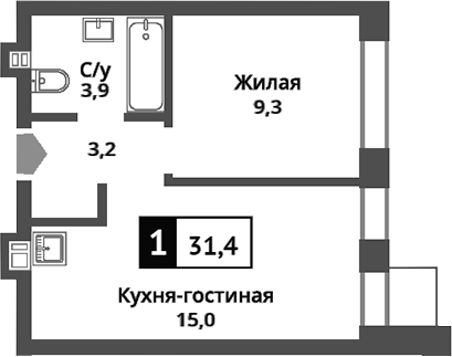Планировка — Никольский квартал Отрада, 2-комн., 31 м²