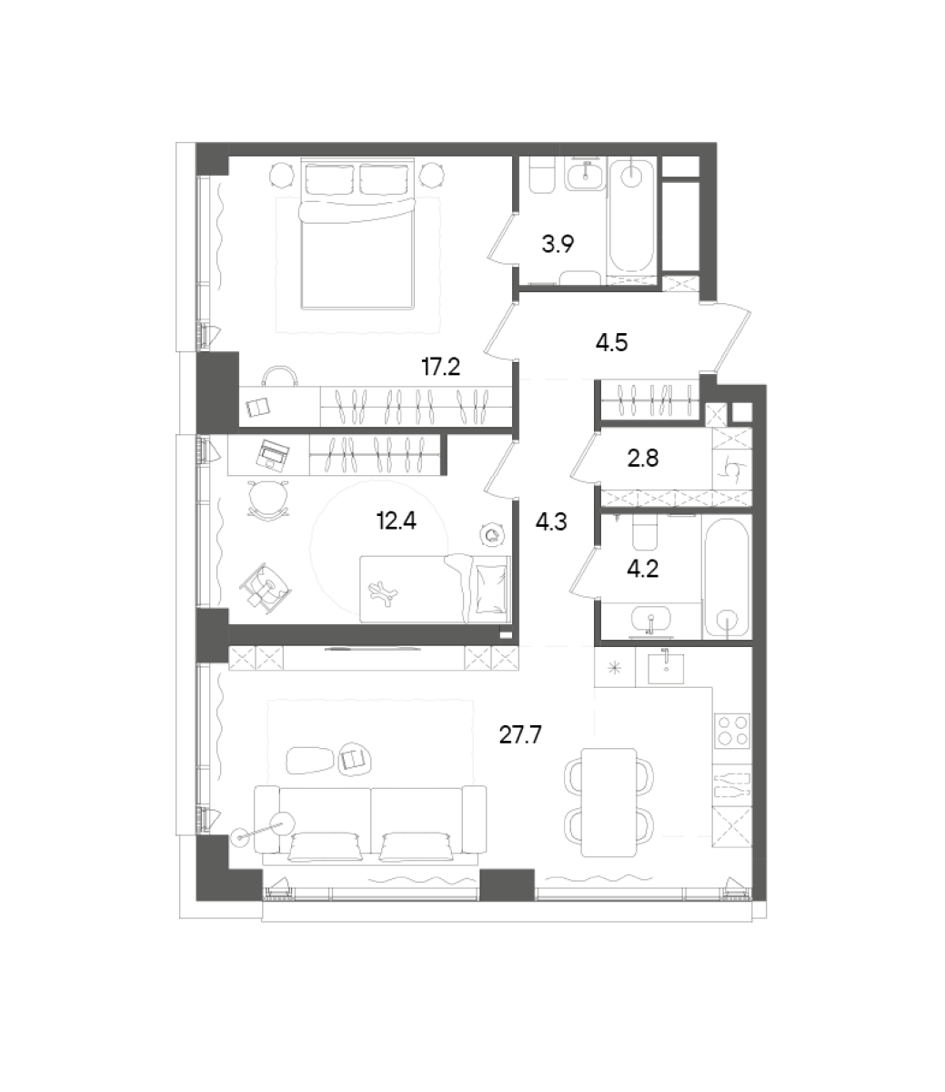 Планировка — СТОУН Грэйн, 3-комн., 77 м²