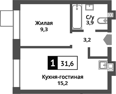 Планировка — Никольский квартал Отрада, 2-комн., 32 м²