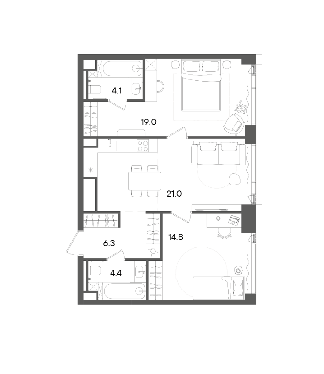 Планировка — СТОУН Грэйн, 3-комн., 70 м²