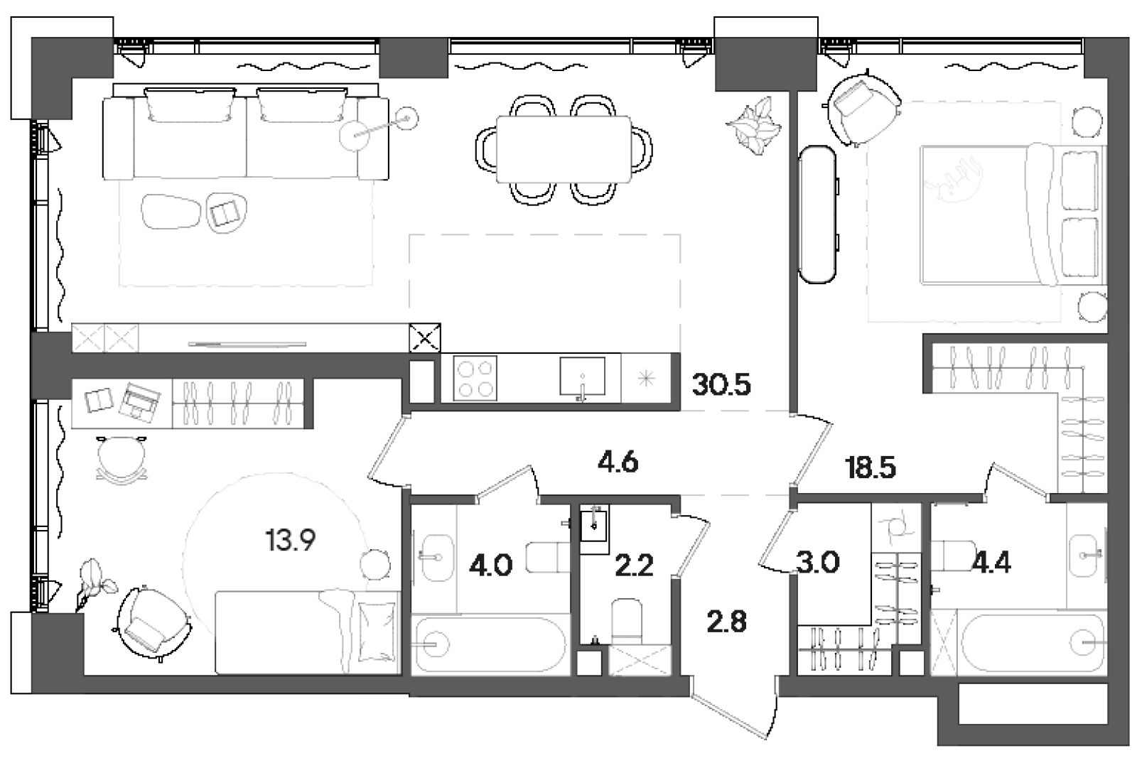 Планировка — СТОУН Грэйн, 3-комн., 88 м²