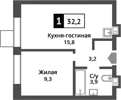 Планировка — Никольский квартал Отрада, 2-комн., 32 м²
