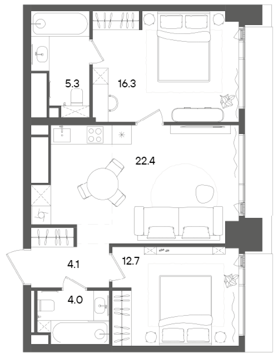 Планировка — СТОУН Грэйн, 3-комн., 65 м²