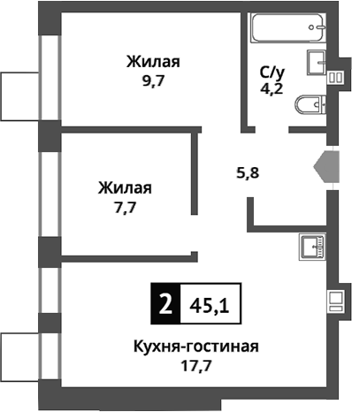 Планировка — Никольский квартал Отрада, 3-комн., 45 м²