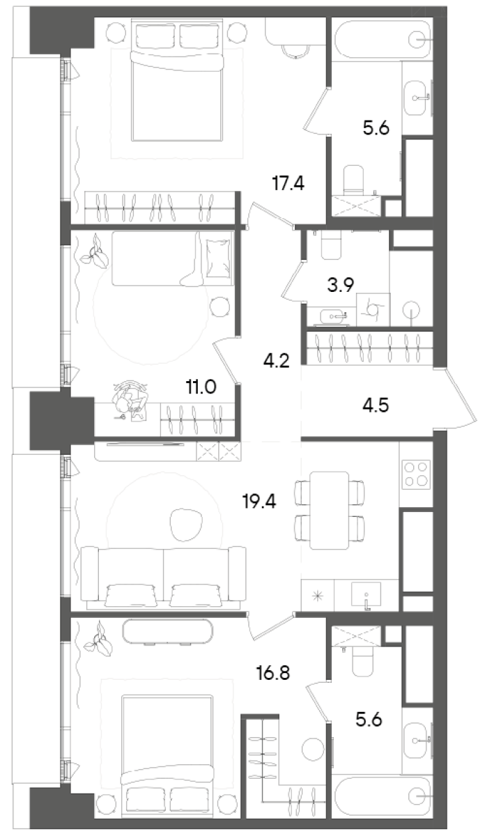 Планировка — СТОУН Грэйн, 4-комн., 88 м²