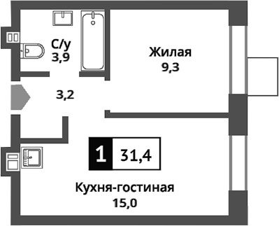 Планировка — Никольский квартал Отрада, 2-комн., 31 м²