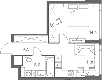 Планировка — ЛОТ от Аквилон, 1-комн., 36 м²