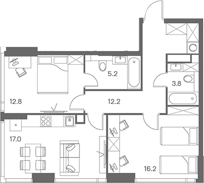 Планировка — ЛОТ от Аквилон, 3-комн., 67 м²