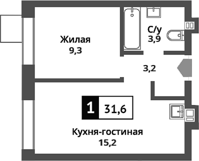 Планировка — Никольский квартал Отрада, 2-комн., 32 м²