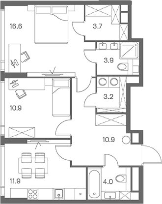 Планировка — ЛОТ от Аквилон, 2-комн., 65 м²
