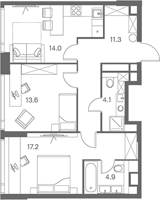 Планировка — ЛОТ от Аквилон, 2-комн., 65 м²