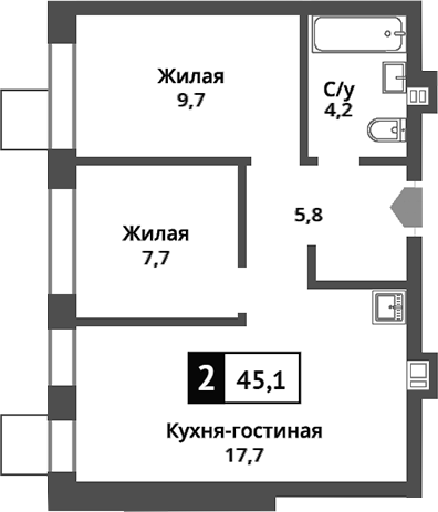 Планировка — Никольский квартал Отрада, 3-комн., 45 м²