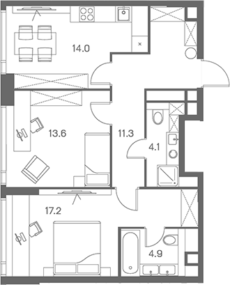 Планировка — ЛОТ от Аквилон, 2-комн., 65 м²
