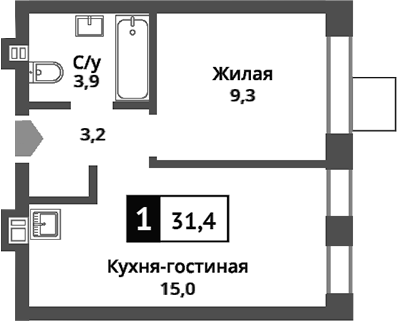 Планировка — Никольский квартал Отрада, 2-комн., 31 м²
