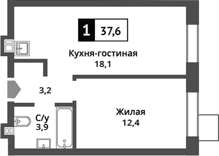 Планировка — Никольский квартал Отрада, 2-комн., 38 м²