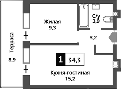 Планировка — Никольский квартал Отрада, 2-комн., 32 м²