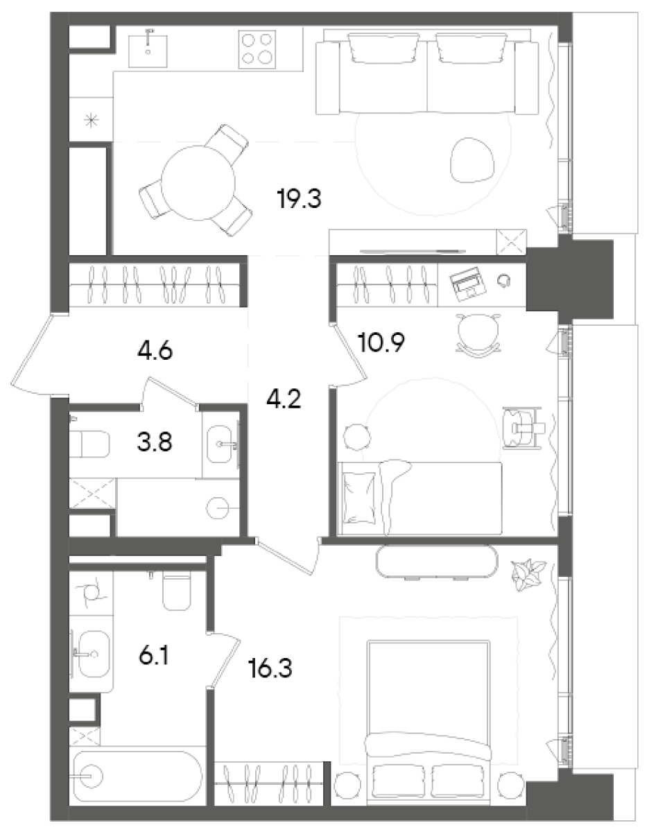 Планировка — СТОУН Грэйн, 3-комн., 65 м²